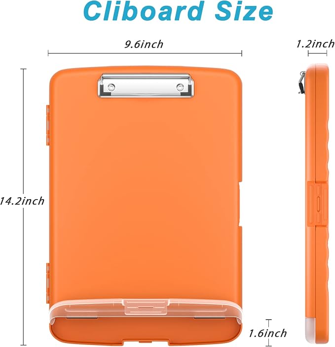 Rimilak Clipboard with Storage, 8.5 x 11'' High Capacity Clip Board, Orange | Smooth Writing, Side-Opening Plastic Folder with Pen Holder, Size 14.2 x 9.6 x 1.2″ ,for Classroom, Teacher, Student