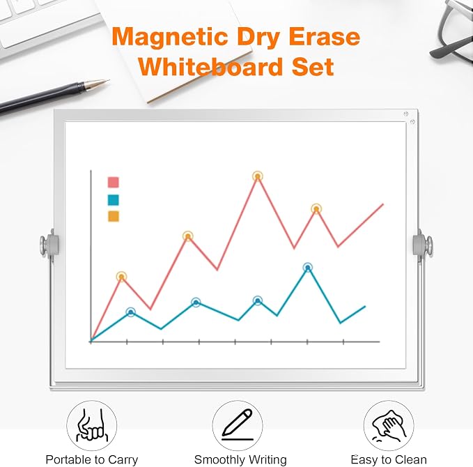 Desktop Whiteboard 16x12 Stand, Double Sided Dry Erase Board Kids | Portable with Handle, Foldable Aluminum Stand, 360° Angle, 8 Markers 4 Magnets 1 Eraser, Smooth Magnetic Surface