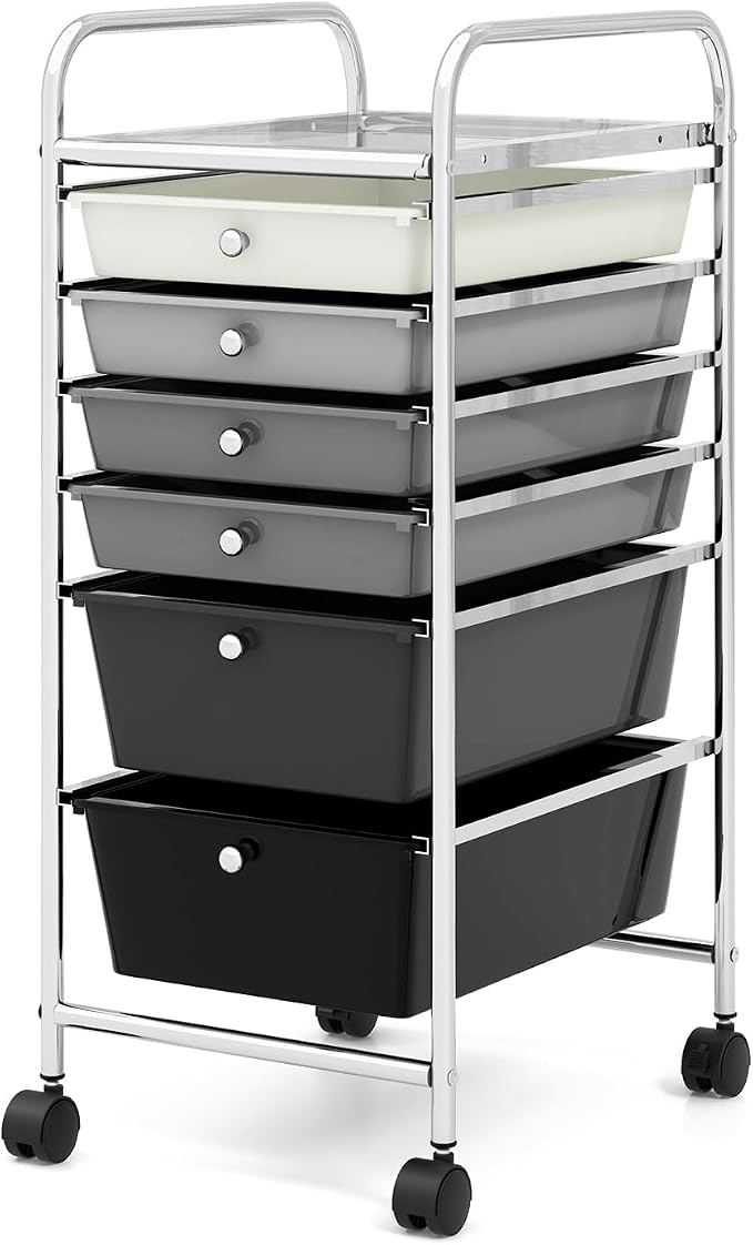 COSTWAY 6-Drawer Rolling Storage Cart, Art Craft Tools Organizer on Wheels | Multifunctional Heavy Duty Utility Mobile Storage Trolley w/ 2 Lockable Wheels for Home Office School (Mixed Black)