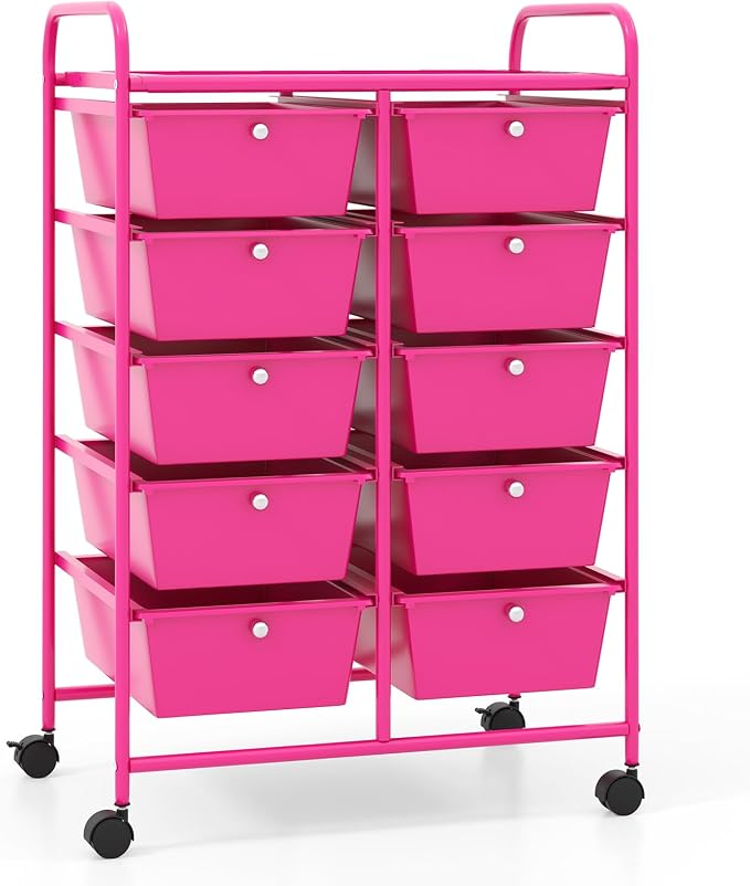 10 Drawer Rolling Cart, Storage Cart Organizer on Wheels, Drawer Cart with Metal Frame & Large Storage Capacity, Rolling Cart with Drawers for Living Room Classroom, Office