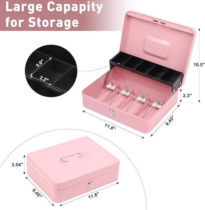 KYODOLED Locking Cash Box with Lock, Money Box with Cash Tray,Lock Safe Box with Key, Money Saving Organizer, 11.81Lx 9.45Wx 3.54H Inches, Pink XL Large