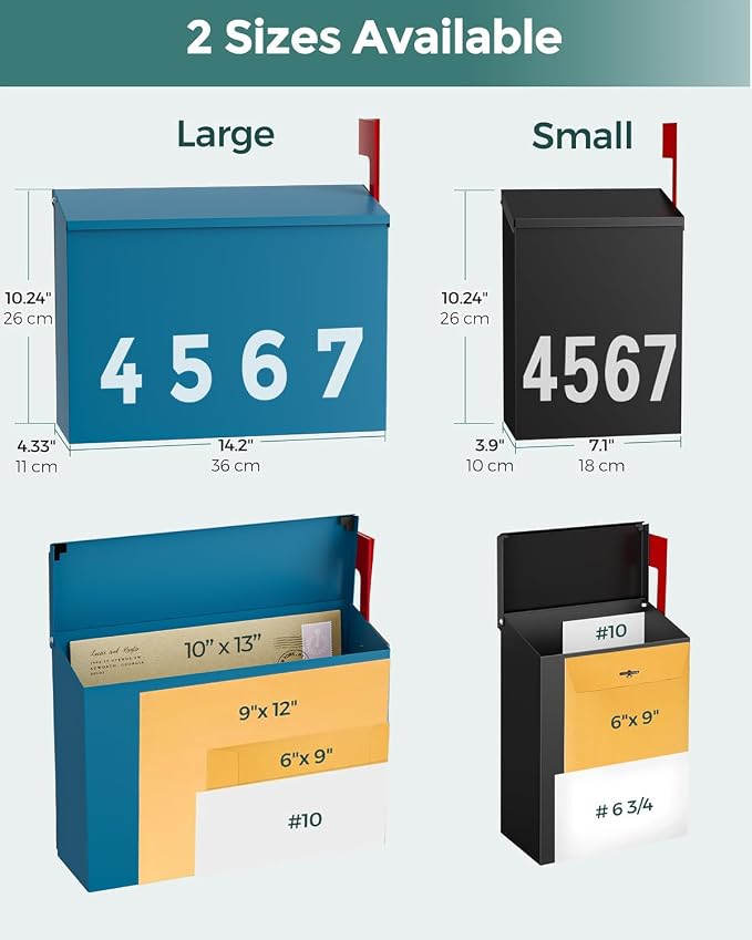 LAND·VOI Wall-Mount Mailbox with One Flag Kit and Three Sets of 0-9 Mailbox Number Stickers, Mailboxes for Outside, Galvanized Steel Rust-Proof Metal Post Box, 4.33" Dx14.2 Wx10.43 H, Blue
