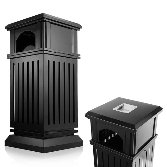 IRONWALLS Commercial Trash Can with Lid, Black Outdoor Garbage Can for Patio, Side Opening Steel Square Commercial Waste Bin, Decorative Trash Container with Removable Inner Bucket for Park, Garden