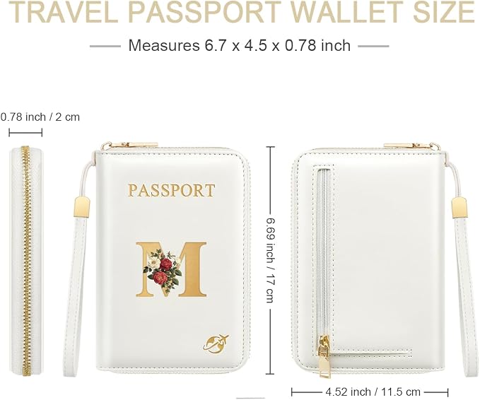 Passport Holder for Travel Personalized Wallet with Wristlet Women | All-in-One Passport Cover, RFID Blocking, Back Coin Pocket, Paper Money Slot, Zipper Closure, Roses Initial Letter, White M