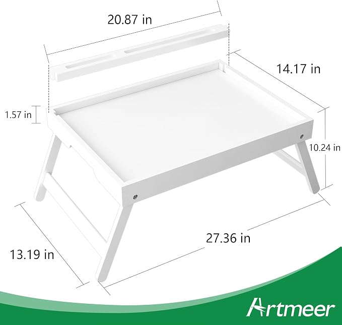 Artmeer X-Large Bamboo Bed Tray with Device Slot and Folding Legs, White | X-large FSC-certified bamboo bed tray with device slot, folding legs and extra space for meals, laptops and reading in bed.