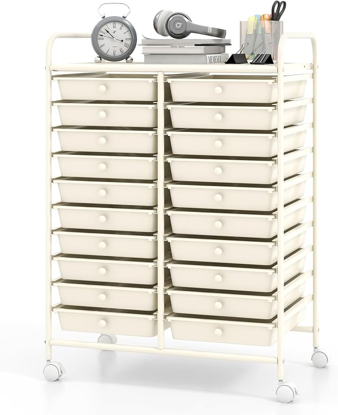 RELAX4LIFE 20-Drawer Rolling Storage Cart - Mobile Rolling Cart w/Drawers for School Classroom Teacher Office Home Salon, Paper File Art Supply Craft Organizer, Utility Cart on Wheels (Ivory)