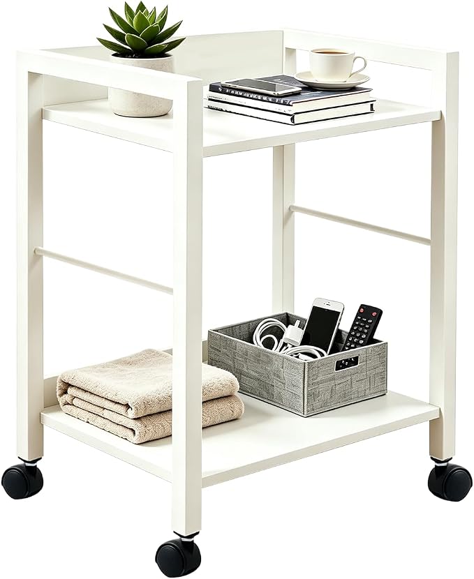 Small Rolling Side Table for Sofa, 2-Tier End Table on Wheels | Rolling cart for any room | Holds coffee, lamp, books, plants | Sturdy wood-metal shelf | Side, nightstand, printer stand