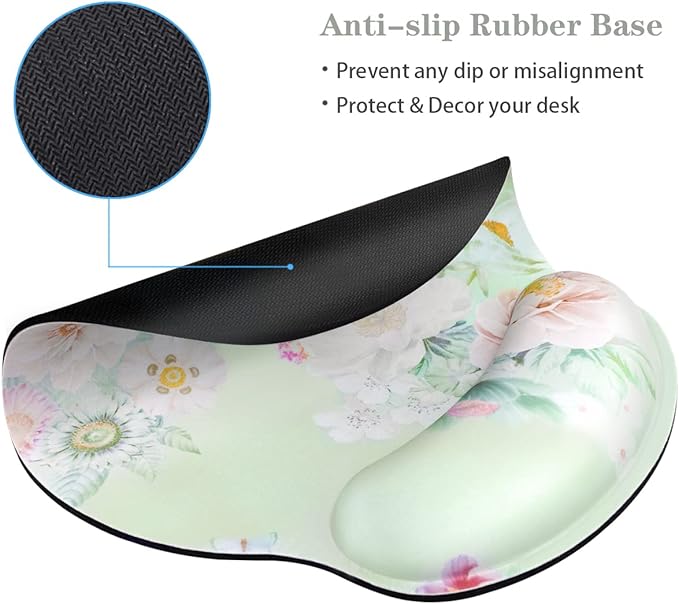 WAVEYU Ergonomic Mouse Pad with Wrist Support, Office Mousepad with Wrist Rest, Computer Gaming Mouse Pad for Laptop, Pain Relief Mouse Mat with Non-Slip Rubber Base, 9''x 10'', Green Flower 02