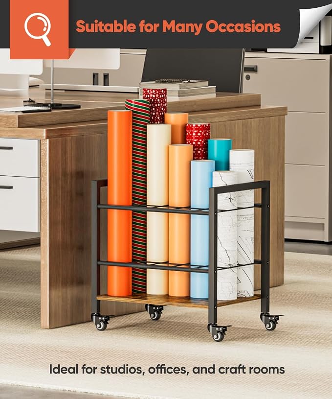 Blueprint Storage Rack Cart, 15 Slots Metal Rolling File Holder with Wheels & Adjustable Pads, Mobile Gift Wrapping Paper Organizer for Maps/Posters/Architectural Construction Plans, Black