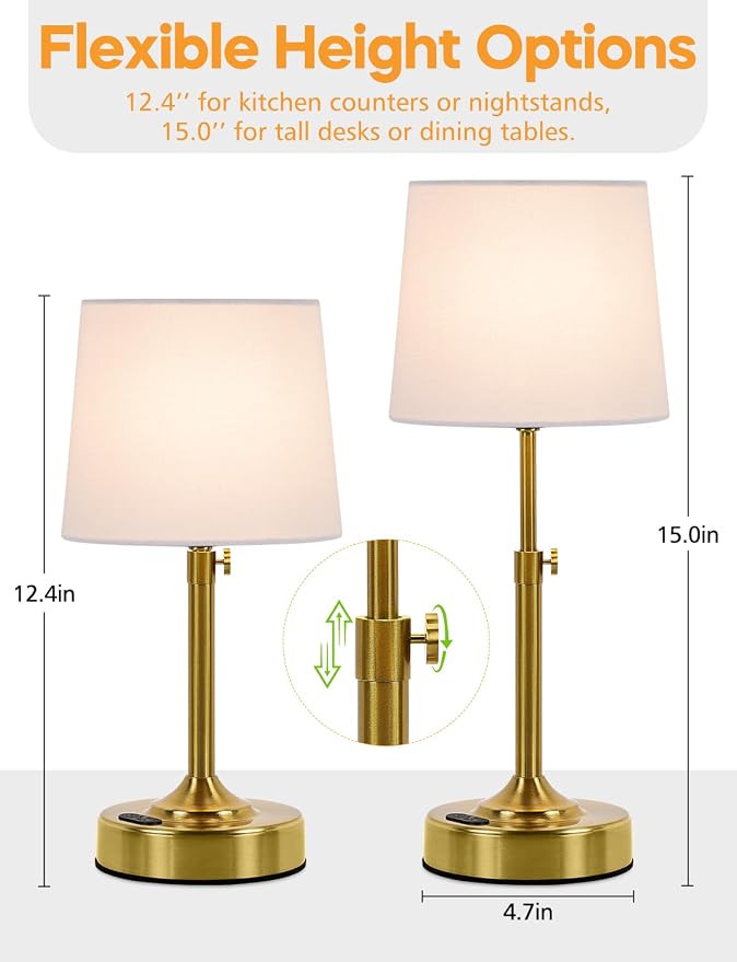 Height Adjustable Rechargeable Table Lamp with Timer, Dimmable Cordless LED Desk Lamp, 4000mAh Battery Operated Table Lamps, Gold Wireless Touch Nightstand Lamp for Kitchen Counter Coffee Table Office