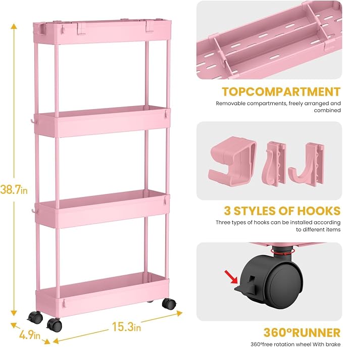 2-piece Set Slim Storage Cart 3 Tier,Bathroom Organizer Rolling Utility,Mobile Shelving Unit Slide Out for Office, Kitchen, Laundry Room & Narrow Places
