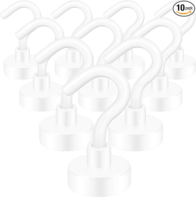 Neosmuk Magnetic Hooks,30lb+ Heavy Duty Earth Magnets with Hook for Refrigerator, Extra Strong Cruise Hook for Hanging, Magnetic Hanger for Cabins, Grill (White, 10 Pack)