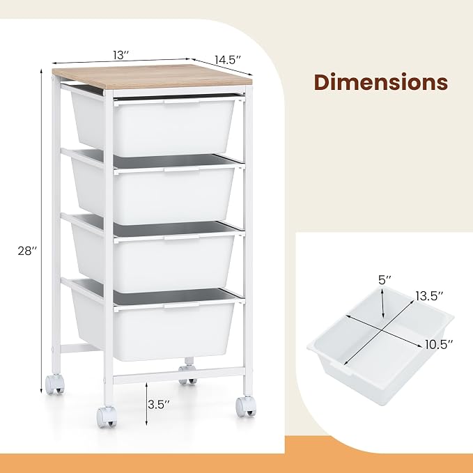 Giantex Rolling Storage Cart with 4 Drawers, Utility Cart w/Wooden Tabletop, Lockable Wheels, Multipurpose Organizer for Art Craft Scrapbook Paper, Drawer Carts for Dorm Classroom Office, White