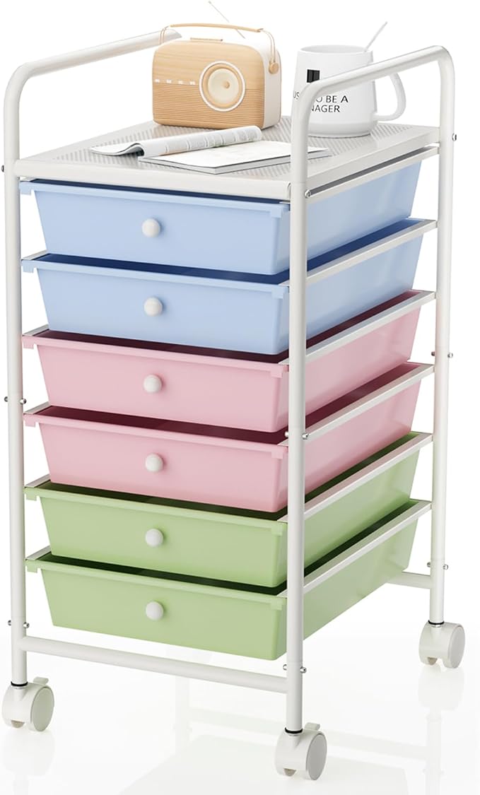 Rolling Storage Cart with Drawers 6-Tier Office Colorful | Utility Cart with 6 Drawers & 2 Lockable Caster Wheels, Multipurpose Mobile Drawer Cart for School Bathroom Kitchen