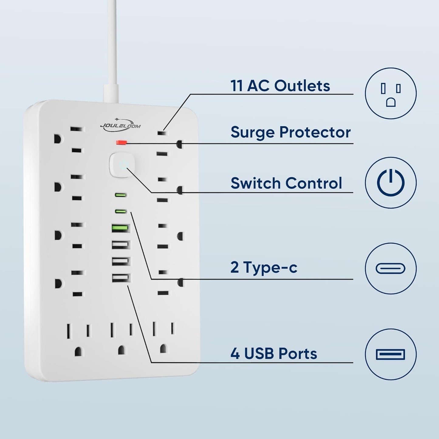 2 Pack 5 FT Flat Plug Surge Protector Power Strip,11 Multiple AC Outlets with 6 USB Ports (2 USB C), 5 Feet Extension Cord, 1250W/10A, One Touch Switch Button, 17 in 1 Compact powerstrip