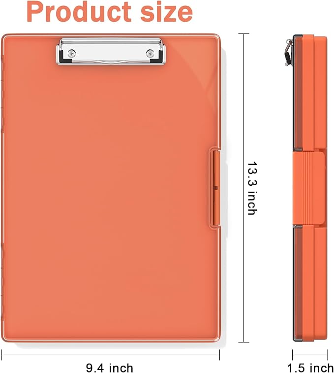 Rimilak Clipboard with Storage,8.5x11 2 Compartment Clip Board, Orange | Smooth Writing, Side-Opening Plastic Folder with Pen Holder, Size 13.3 x 9.4 x 1.5″,for Classroom, Teacher, Student