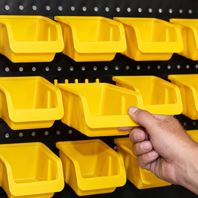 WALLPEG 36 Pack Pegboard Bin Kit – 18 Medium & 18 Large Yellow Peg Board Storage Bins | Parts Organizer for Garage, Workshop, Craft Room, Office & Workbench | Pegboard Accessory Organier | MADE IN USA