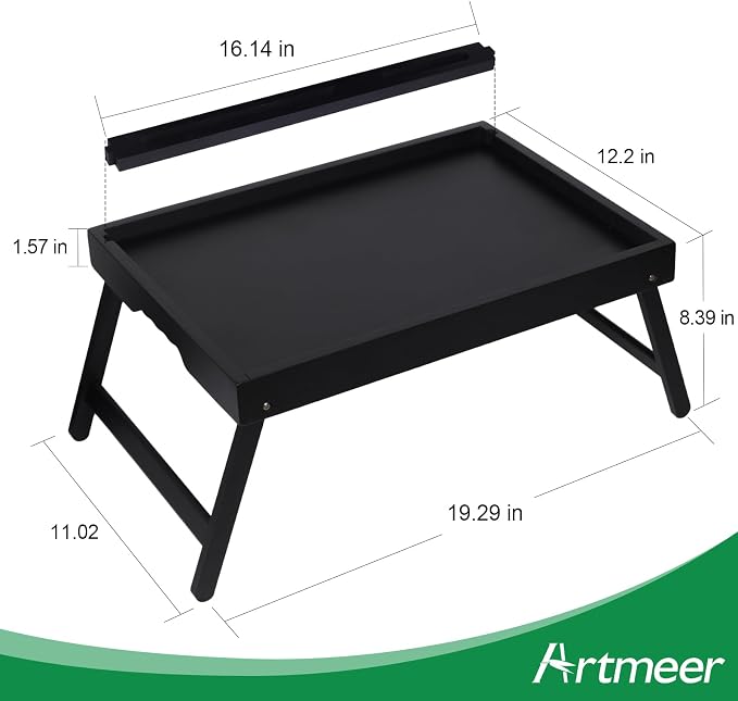 Artmeer Bamboo Bed Tray Table with Device Slot, Folding Legs, Large, Black | FSC-certified bamboo bed tray with folding legs, device slot and handles for meals, laptops, reading and serving in bed.
