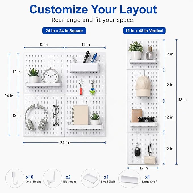 White Pegboard Wall Organizer Kit, Craft Room, 4 Panels Hooks & Shelves | Peg board accessories for sewing, desk and home office, ABS storage with bins, holds small parts, easy to clean, maker gift
