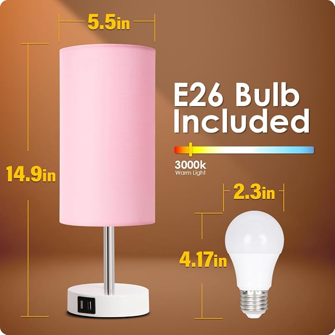 Yarra-Decor Desk Lamp with USB Port, Touch Control Desk Lamp with 3 Levels Brightness, Bedside Table Lamp with Round Pink Shade for Bedroom, Living Room, Dorm, Home Office