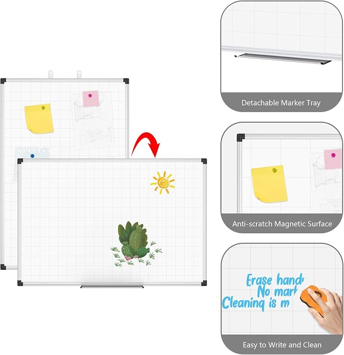 XBoard Magnetic Dry Erase Board with Lines 48 x 36 Inch, 4' x 3' Double Sided Hanging White Board Planner for Wall | Grid Lined White Board + Message Presentation Board
