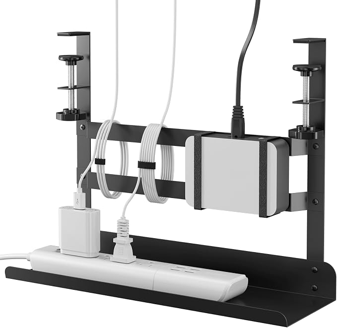 Yecaye Metal Under Desk Cable Management Tray, Clamp-On Desk Shelf | No Drill Mount; Anti-scratch Padded Clamps; Dual Wrap Bars; Fits Standing Desks; Metal Structure for Office Cable Storage;