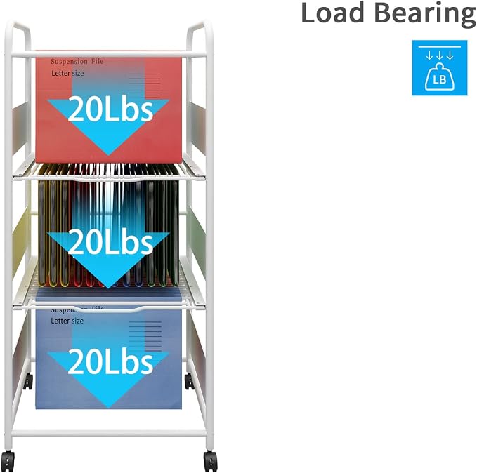 PUNCIA 3-Tier Metal File Cart with Wheels Pull-Out Rolling Folder Organizer | White Mobile Hanging File Cabinet for Letter Documents Home Office Storage Easy to Move and Access