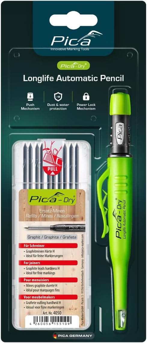 Pica -30405 Pack Dry 3030 + Caja Minas 4050 | With sharpener and retaining clip, special leads hardness H (10 x graphite H), refillable, dust and moisture protection.
