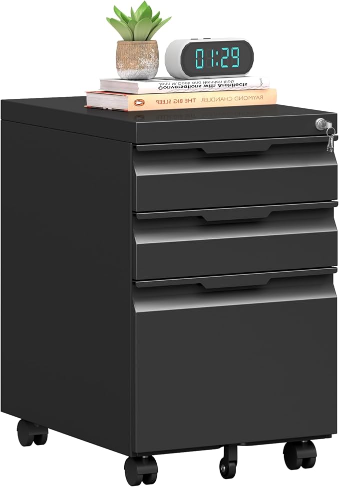 3 Drawer Mobile File Cabinet with Lock, Rolling File Cabinet with Wheels | Metal Small Filing Cabinet with Wheels for Home Office Storage, Fits Legal/A4/Letter/Document Size, Required Assembly, Black