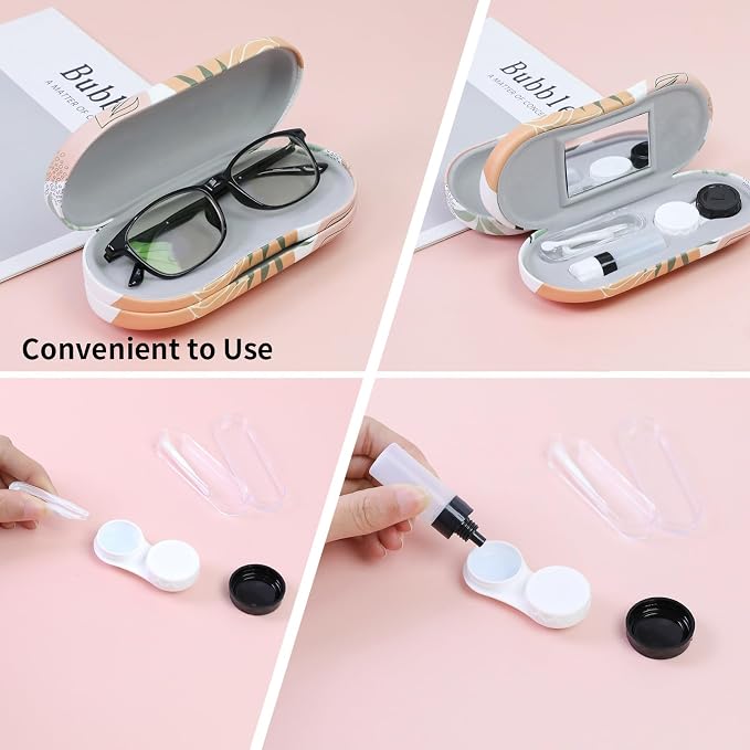 2 in 1 Contact Lens Case and Eyeglasses Case for Women Men Kids, Double Sided Hard Shell Portable Glasses Travel Holder with Built-in Mirror, Contact Lens Box Storage Kit, Boho Leaf