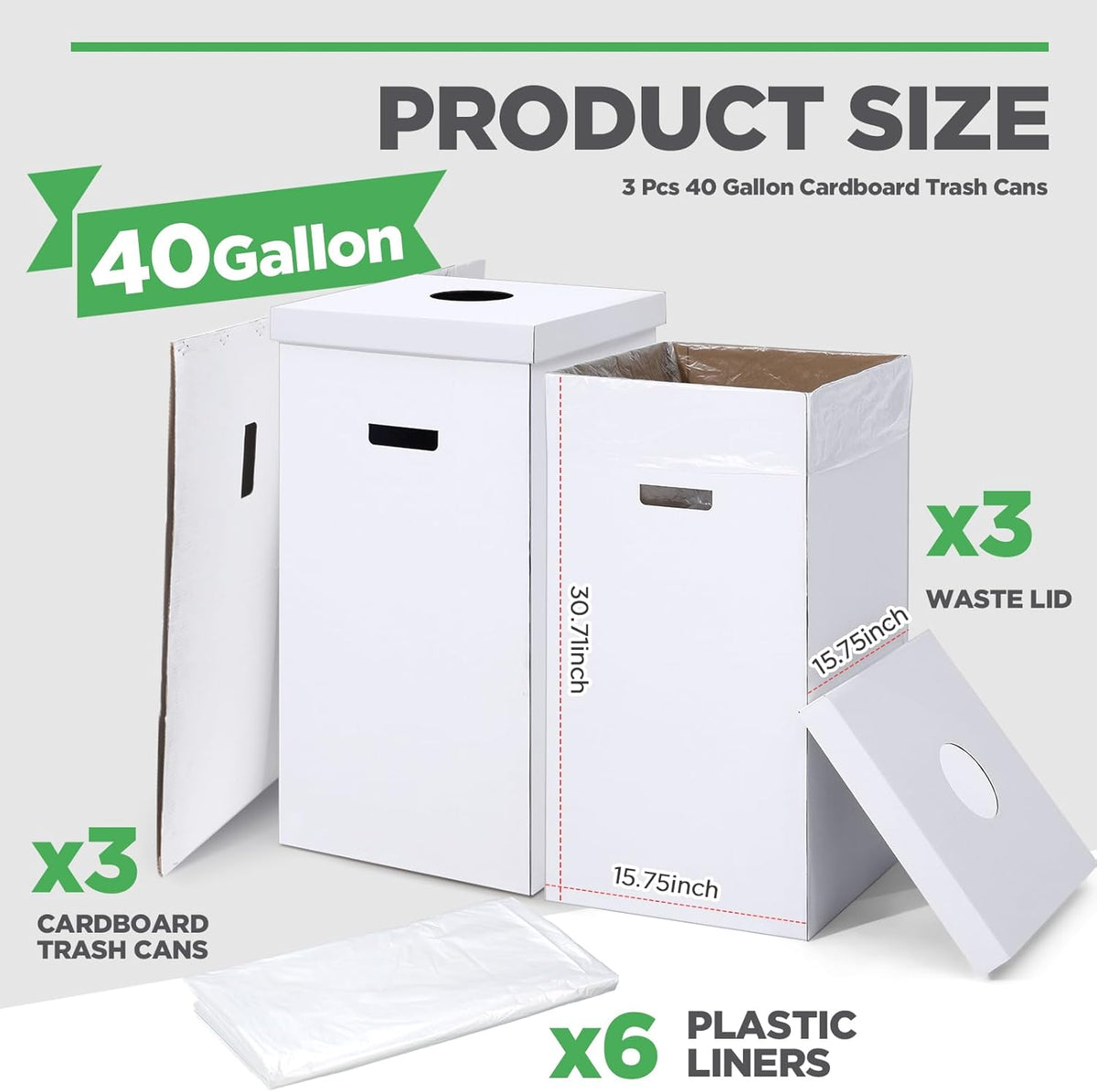 3 Pcs Cardboard Trash Cans with Lid Disposable and Reusable Corrugated Cardboard Trash Cans Recycling Bins Bulk with 6 Garbage Bags White Rubbish Boxes for Parties Events(40 Gallon)