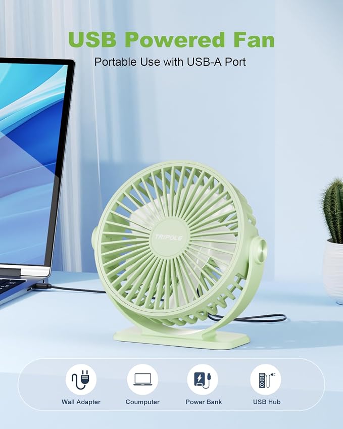TriPole Desk Fan USB Powered Small Portable, 360°Rotation Mini Personal Fan | Green, 3 Speeds Plug In USB Fan, Desk Fans Small Quiet, 4.9ft Cable, Strong Breeze for Desktop Bedroom Office Table Travel