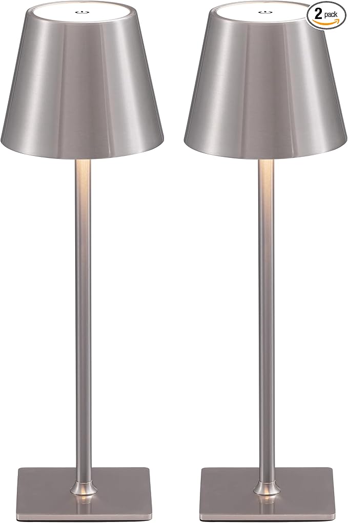KDG 2 Pack Cordless Brushed Nickel Table Lamps, Portable LED Desk Lamp | 4000mAh Battery Operated 3 Color Stepless Dimming Up for Restaurant, Bedroom, Outdoor Party, Camping, Coffee Shop, Nightlight