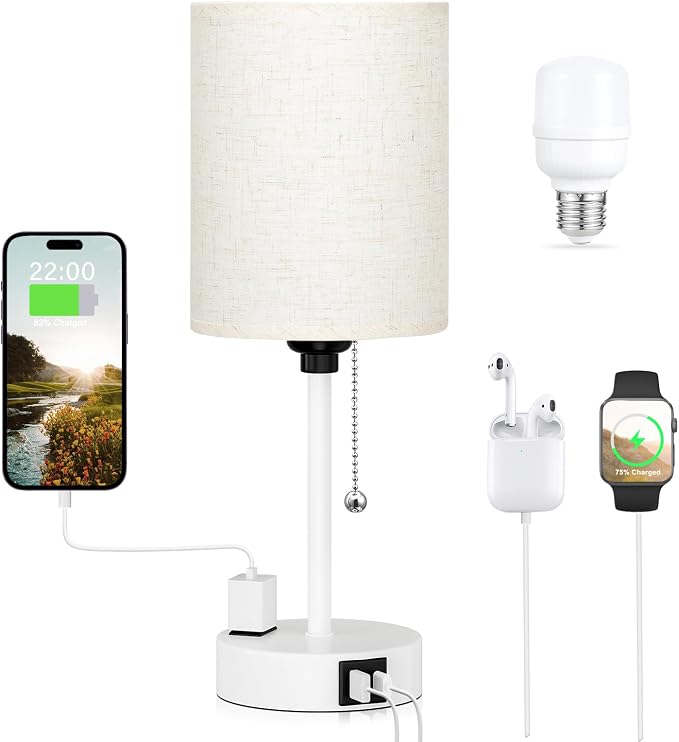 Small Bedside Table Lamp for Bedroom, Desk Lamp with USB Ports for Dorm | USB A+C Ports, AC Outlet, 3 Color Temperatures, LED Bulb Included, Linen-Fabric Shade, Matte White Base, 14" Night Stand Lamp