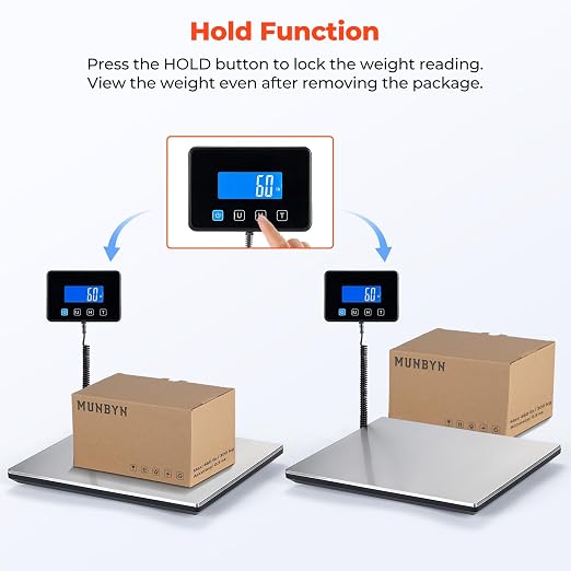 MUNBYN 660lb/1.8oz Shipping Scale, Digital Postal Scale for Packages | Hold & Tare Function, Backlit LCD, Battery & USB Cable Included, For Small Business, Luggage, Home Office