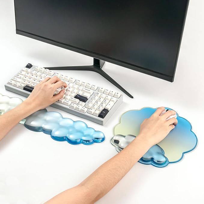 Keyboard Wrist Rest with Cloud Mouse Pad - Gradient Blue Ergonomic Gel Cloud Mouse Pad with Non-Slip Base, Cute Office Accessories for Desktop/Latop/Home/Office