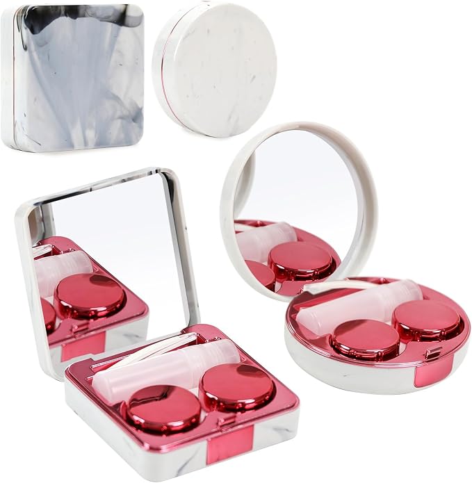 2 Pack Contact Lens Case, Portable Eye Contacts Colored Lenses Applicator Remover Tool Kit with Mirror Solution Bottle for Daily Makeup Office Travel Outdoor (Rose Pink Marble)