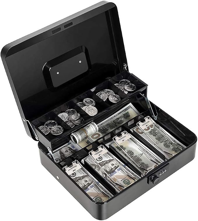 Cash Box with Money Tray and Combination Lock Metal Money Box for Cash Register Tiered Lock Box for Money 11.8" x 9.4" x 3.54" Black