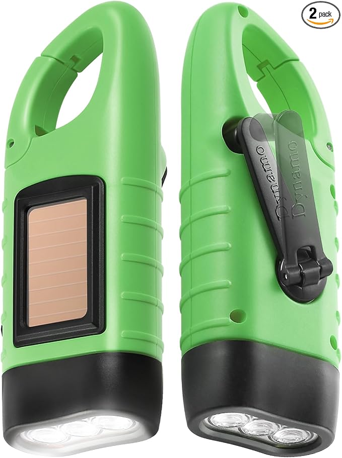 Simpeak 2-Pack Hand Crank Solar Powered LED Flashlight, Emergency Survival Flashlight with Dynamo Carbiner, Light Green
