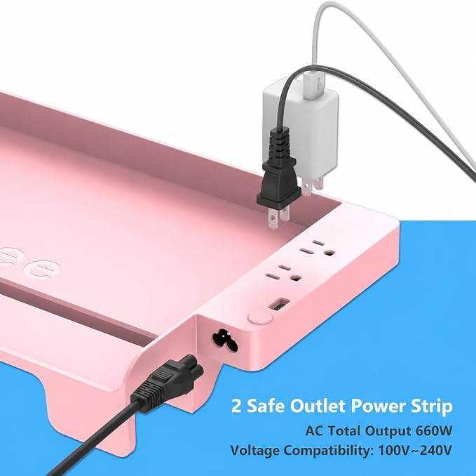 Hiree Bedside Shelf for Dorm Bunk Bed with USB Charging Port and 2 AC Outlets, Bed Side Table Tray Organizer, College Dorm Essential, Clip On Bedside Tray, Cool Teen Girls Trendy Stuff (Pink)