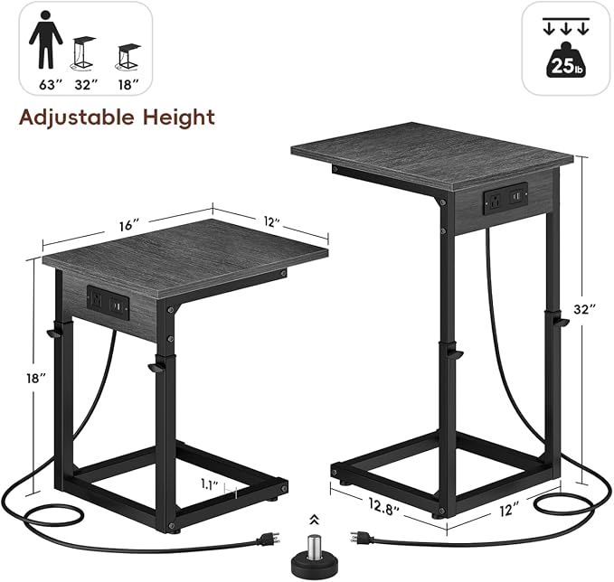 C Shaped End Table with Charging Station, 33" Tall Side Table for Couch, Adjustable Height C Table End Table, Couch Table Slide Under Sofa Table TV Tray Table for Living Room, Gray Walnut