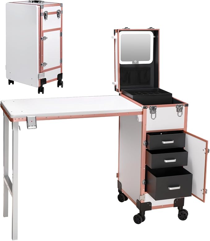 Rolling Portable Manicure Table with 3 Drawers, Lockable Makeup Train Case with Detachable Mirror, Foldable Nail Desk with Wheels & Handle, Mesa de Uñas Profesional para Nail Techs & Salon Use, White