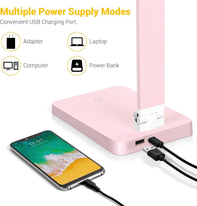 LED Desk Lamp for Home Office, 3 Levels Dimmable Desk Light with USB Charging Port, Reading Lamp for Table Study Work Office Nail Craft Puzzle, Pink, 5000K