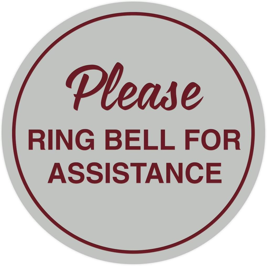 Signs ByLITA Circle Please Ring Bell For Assistance Wall or Door Sign | Easy Installation | Front Desk Reception Sign (Light Grey/Burgundy) - X-large (10 Pack)