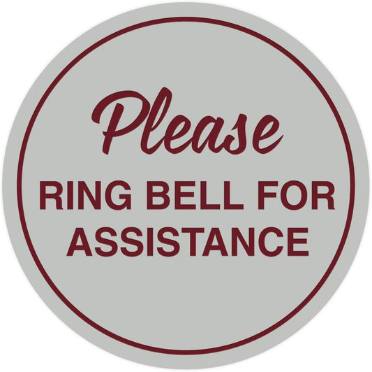 Signs ByLITA Circle Please Ring Bell For Assistance Wall or Door Sign | Easy Installation | Front Desk Reception Sign (Light Grey/Burgundy) - X-large (2 Pack)