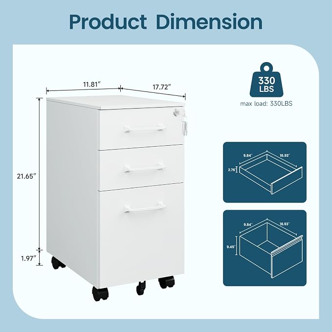 MIIIKO White Filing Cabinet 3 Drawers Under Desk, Metal File Cabinet with Lock for Home Office, Small Mobile File Cabinet for Letter Legal File Folders（Un-Assembled）