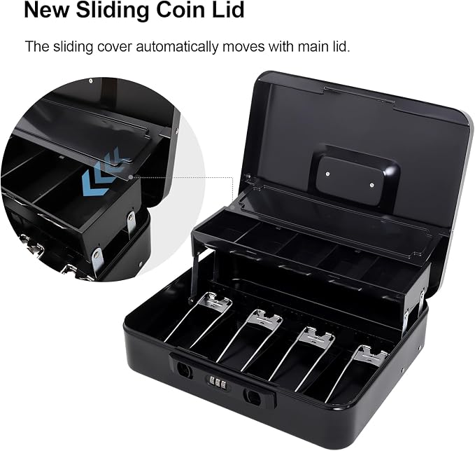 Jssmst Cash Box with Sliding Coin Lid and Snap Latch Combination Lock - Portable Cash Box with Money Tray and Lock, Secure Locking Money Box for Cash Organizer, 11.8L x 9.5W x 3.5H Inches, Black
