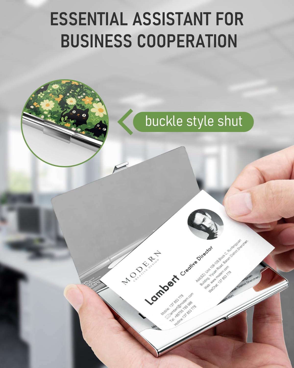 Business Card Metal Slim Organizer, Professional Stainless Steel Square Pocket Wallet for Office Workers, Compact and Portable for Pockets (Cats and Flowers)