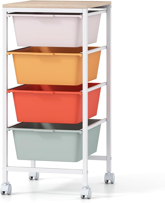 Giantex Rolling Storage Cart with 4 Drawers, Utility Cart w/Wooden Tabletop, Lockable Wheels, Multipurpose Organizer for Art Craft Scrapbook Paper, Drawer Carts for Dorm Classroom Office, Macaron