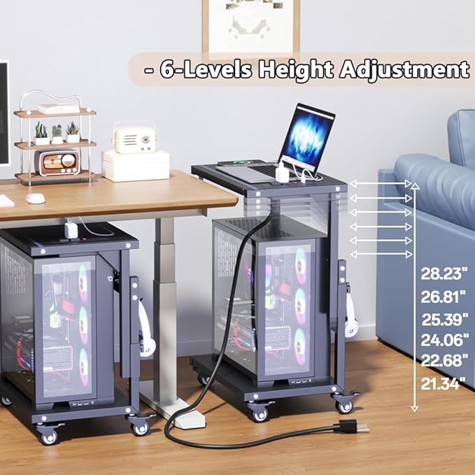 ZUAVIALA Computer Tower Stand with Power Outlet, 6 Level Height Ajustable PC Tower Stand for Floor, Mobile Rolling CPU Holder Cart for Gaming, Office, Home, 21.34"-28.3", Black